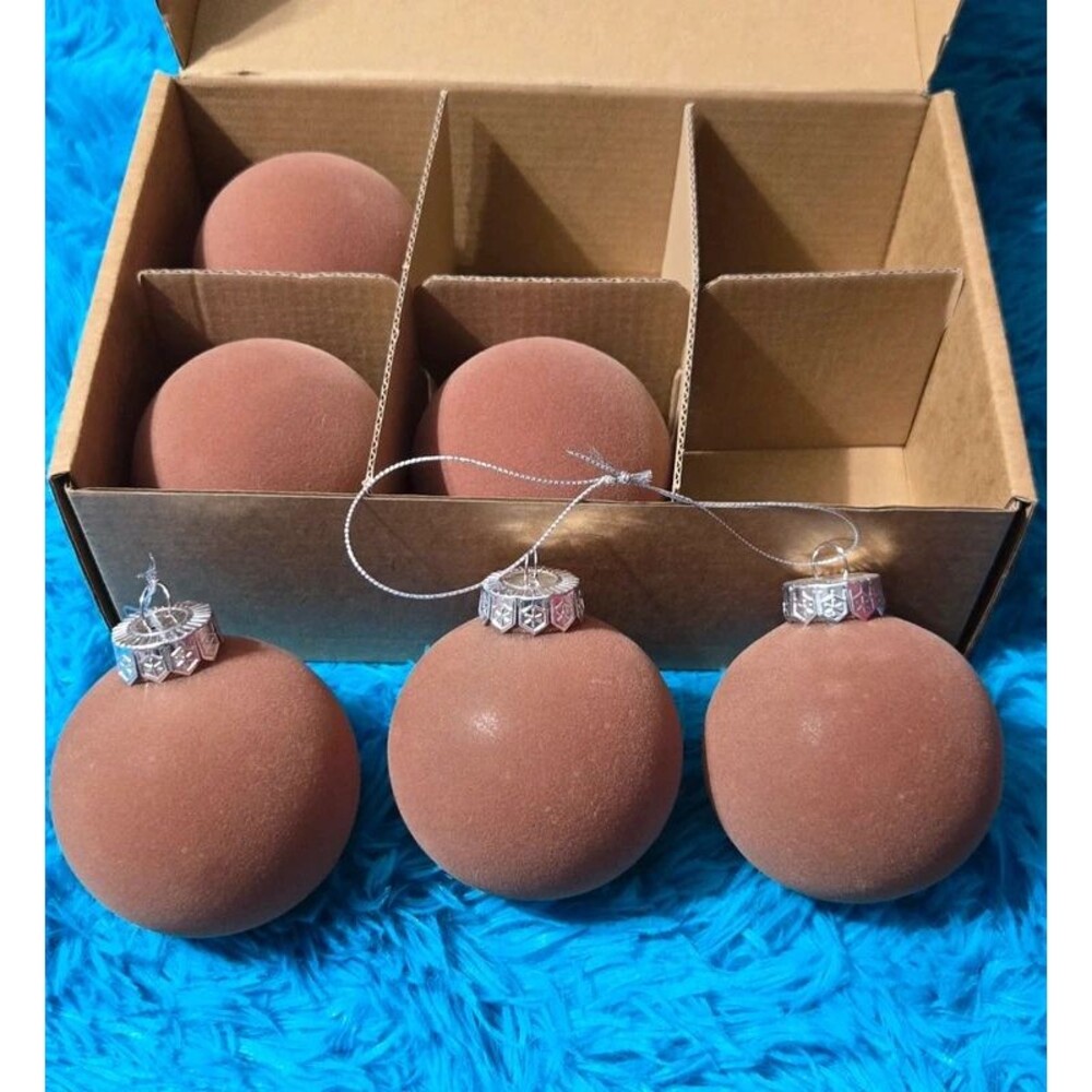 Box of 6 Brown Flocked 3" Christmas Ornaments with Silver caps and string